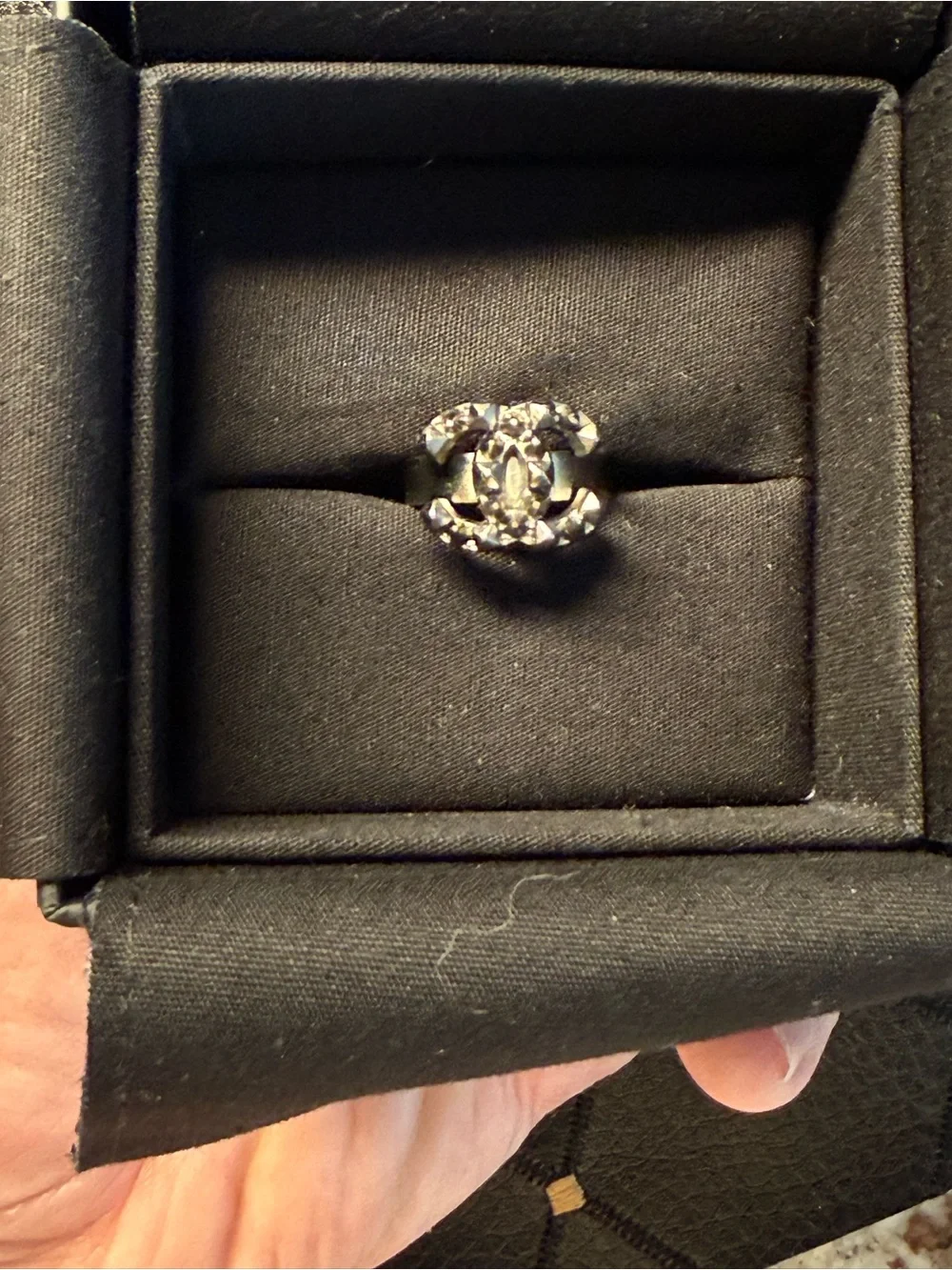 CHANEL gun metal gray CC Logo Ring